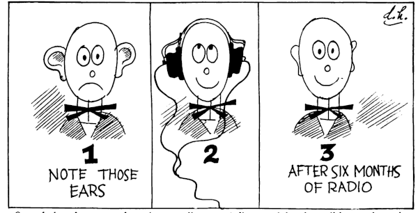 Ilustración cómica donde aparece una persona con las orejas resaltadas y con el uso prolongado de audífonos quedan aplanadas